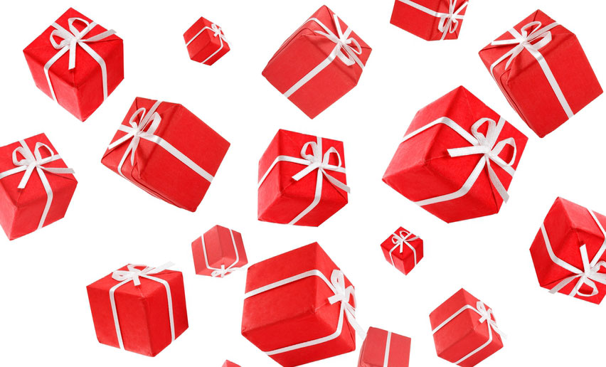 flying red christmas gift boxes